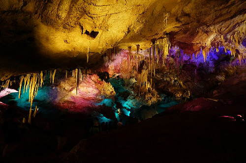 Colourfully lit cave