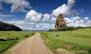 A road through the park, with a rock tower on the right