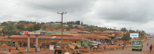 Houses with tin roofs and a road with people a cart and a truck on it